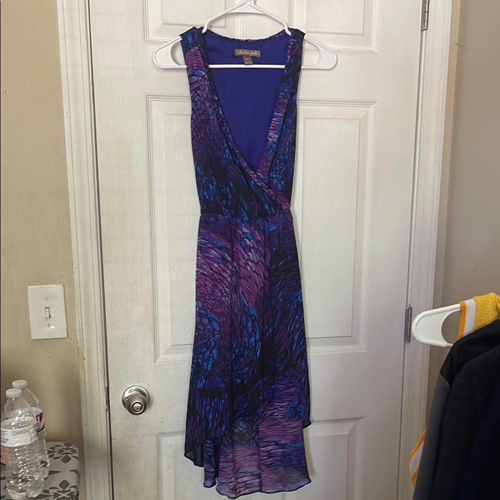 Cache Blue and Purple High Low V-Neck Sundress